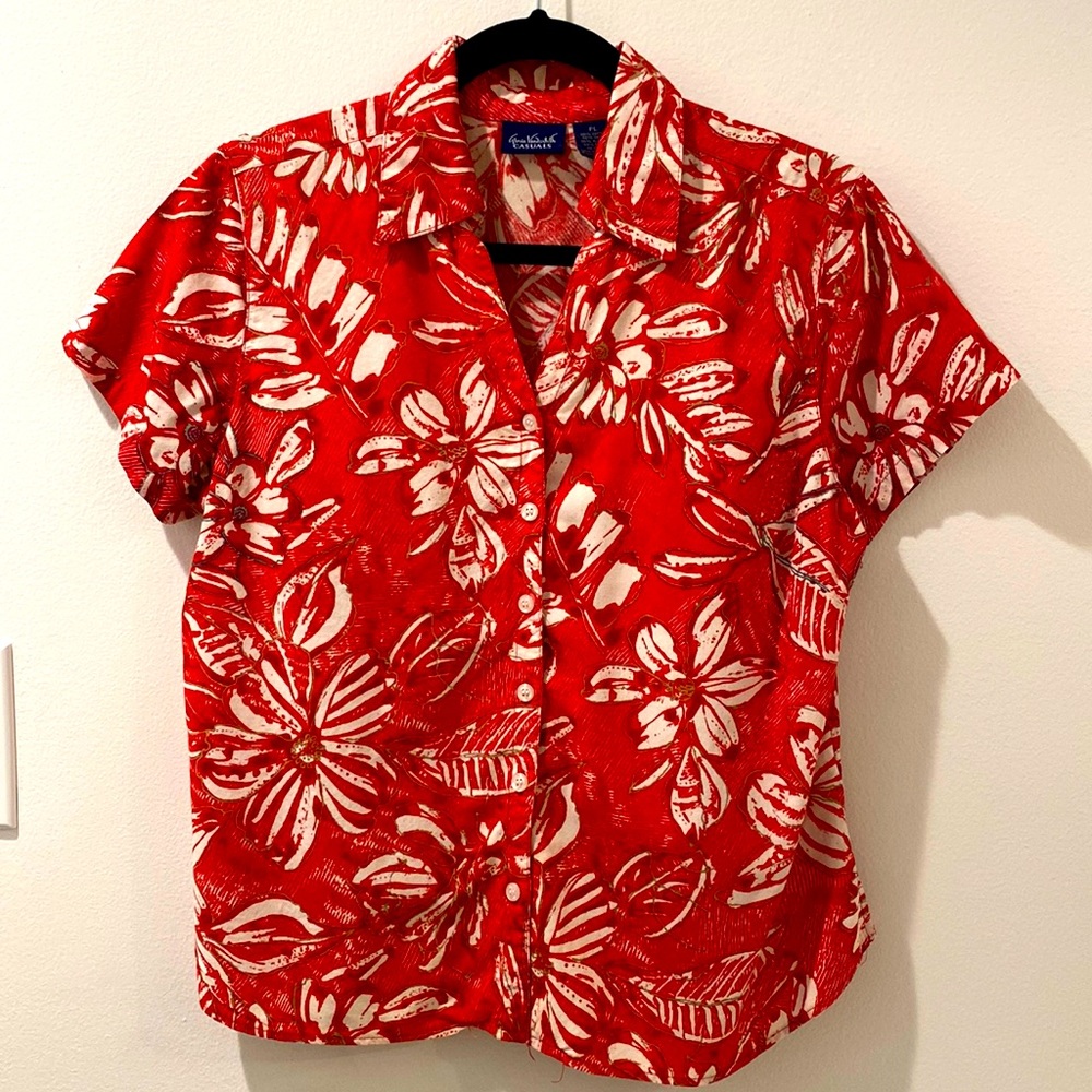VTG hawaii Red tropical resort magnum vacation print button down shirt PETITE L